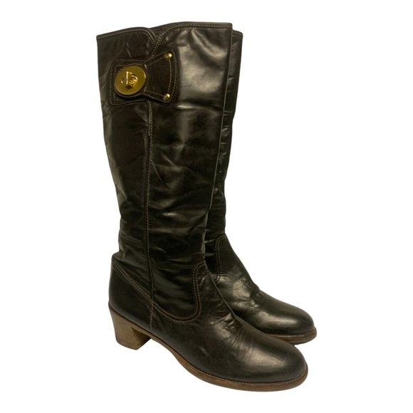 Coach Shoes - Coach Sara Black Calf Leather Tall Turnlock Biker Moto Boots Women's 9 B Italy